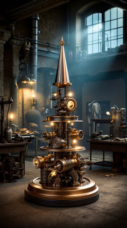 A large ornate golden mechanical structure with a pointed top surrounded by a dimly lit room with various machinery and pipesの素材