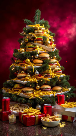 A Christmas tree made of stacked hamburgers and French fries decorated with lights and topped with a pile of fries and cans of sodaの素材