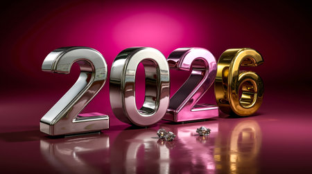 A large stylized number 2026 in a futuristic design with the numbers in a metallic silver and gold finish set against a vibrant pink backgroundの素材
