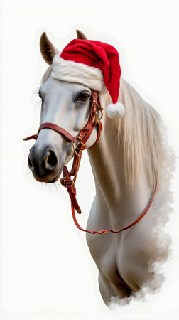 A white horse wearing a red and white santa hatの素材