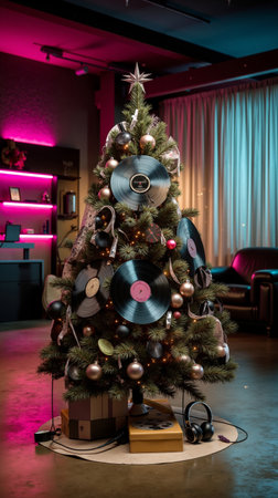 A Christmas tree decorated with vinyl records and ornamentsの素材