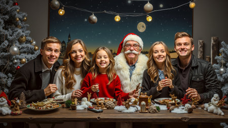 A family poses for a holiday photo with a man dressed as Santa Clausの素材
