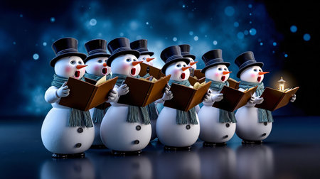 A group of snowmen wearing top hats and scarves singing from open books with a single lit candle in the backgroundの素材