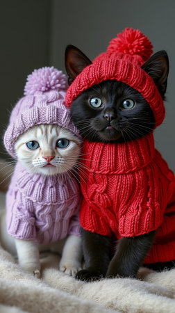 Two cats wearing knitted sweaters and hatsの素材