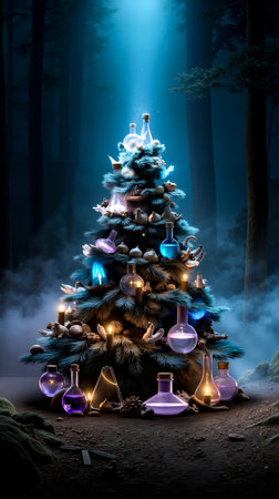 A fantastical Christmas tree made of glass bottles and vials illuminated by candles and glowing lights set against a dark forest backdropの素材