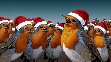 A group of birds wearing Santa hatsの素材