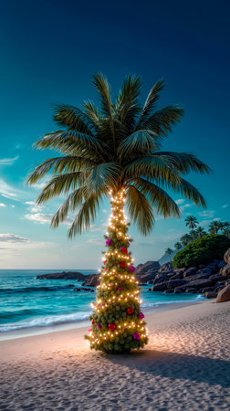 A palm tree decorated with a Christmas tree on the beachの素材
