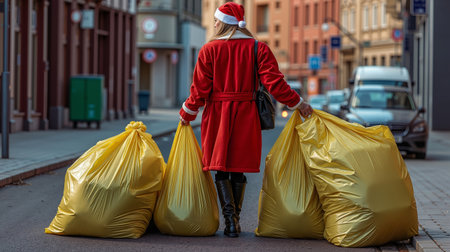 A woman in a red coat and hat is walking down a city street carrying two large yellow bagsの素材