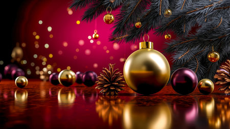 A festive Christmas scene with a golden ornament pine cones and a red backgroundの素材