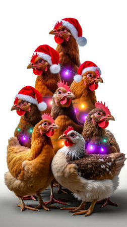 A group of chickens wearing Santa hats and surrounded by Christmas lightsの素材