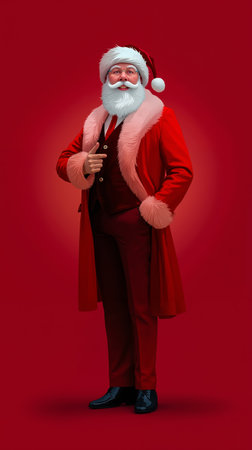 A man dressed as Santa Claus stands against a red backgroundの素材