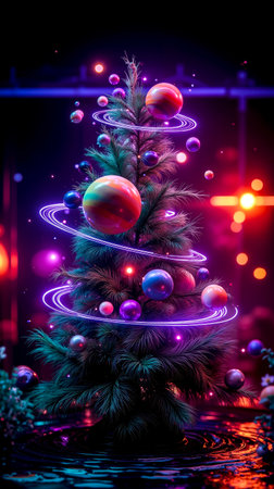 A digital artwork of a Christmas tree with colorful spheres and swirling lines in a futuristic settingの素材