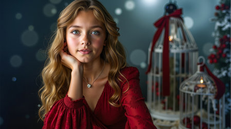 A young woman with long blonde hair and blue eyes is wearing a red dress and a necklace posing with her hand on her chin in front of a Christmas tree with red ornaments and a white cageの素材