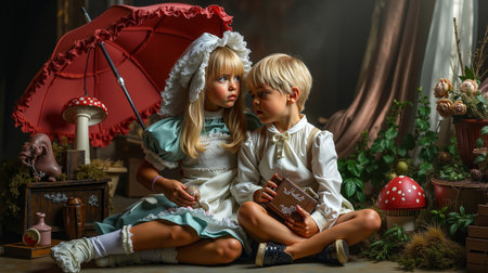 A young girl and boy dressed in vintage clothing sit on the ground under a red umbrella surrounded by a whimsical garden settingの素材