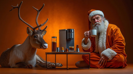A man in a Santa Claus costume is sitting on the floor next to a reindeer both are in front of a table with a coffee maker and cupsの素材
