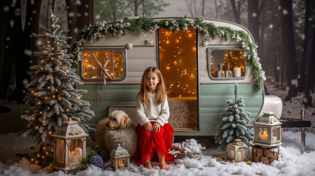 A young girl sits on a vintage camper in a winter wonderland setting with a dog Christmas trees and lanternsの素材