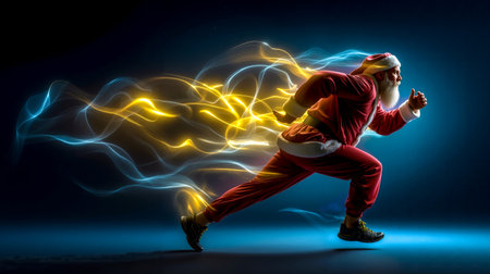 A man in a Santa Claus suit is running with a trail of golden light behind himの素材