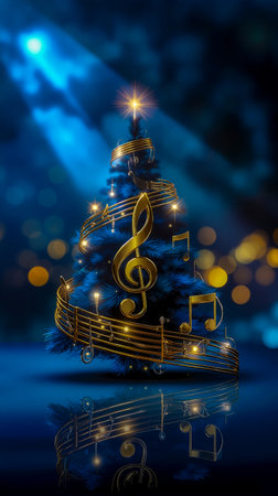 A Christmas tree decorated with musical notes and gold ornamentsの素材