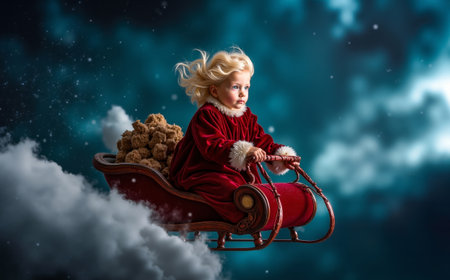 A young girl in a red coat and fur trimmed hood is flying through the sky in a sleigh pulled by a reindeerの素材