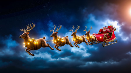 A digital illustration of a nighttime scene with a sleigh pulled by reindeer and Santa Clausの素材