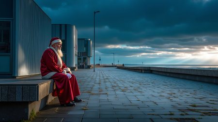 A man dressed as Santa Claus sits on a bench looking out at a cloudy sky and a body of waterの素材