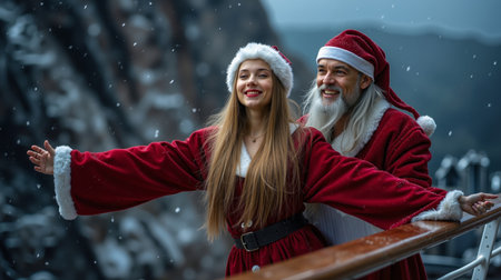 A young woman and an older man both dressed in red and white Santa Claus costumes are standing on a boat and embracing each other with their arms outstretchedの素材
