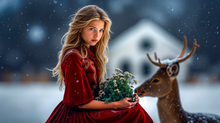 A young woman in a red dress stands in the snow holding a bouquet of flowers with a deer sniffing her handの素材