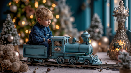 A young boy is sitting on a blue toy train looking out the window with a Christmas tree in the backgroundの素材