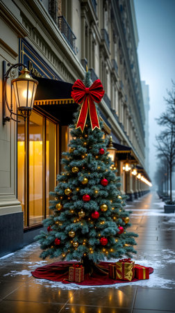 A decorated Christmas tree in front of a buildingの素材