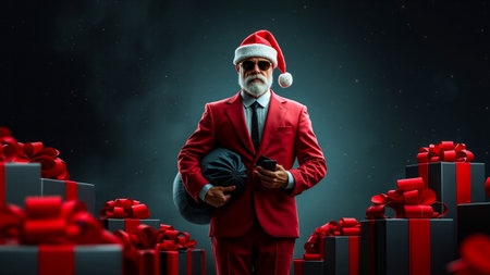 A man in a red suit and Santa hat is holding a black bag and a cell phone standing in front of a stack of red and black gift boxesの素材