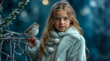 A young girl with blonde hair is holding a small bird on a branchの素材