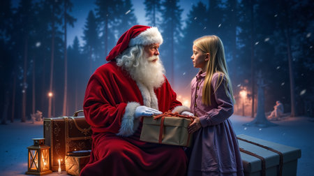 A young girl is sitting on Santa Claus's lap receiving a giftの素材