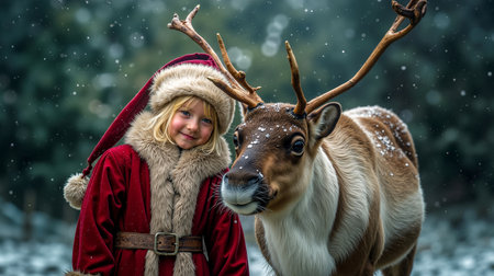 A young girl in a red coat and fur hat is standing next to a reindeer with antlersの素材
