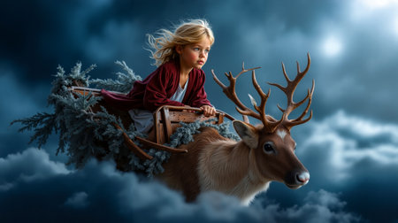 A young girl is riding a reindeer through a cloudy skyの素材