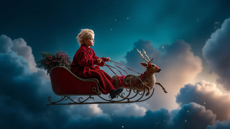 A young girl in a red robe is riding a sleigh pulled by a reindeer through a cloudy skyの素材