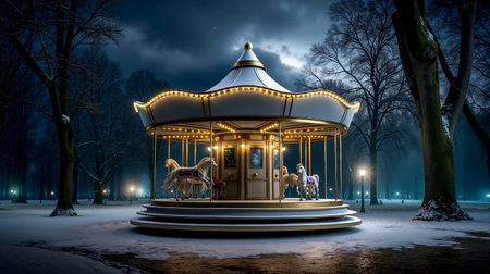 A carousel with three horses illuminated by lights set against a dark night skyの素材