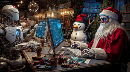 A robot and a man dressed as Santa Claus are sitting at a desk with multiple computer monitorsの素材