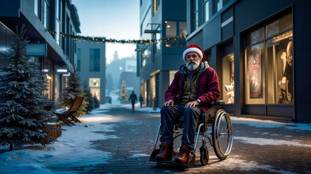 A man in a wheelchair wearing a Santa hat sits on a brick street at night with a festive atmosphere and snowy surroundingsの素材