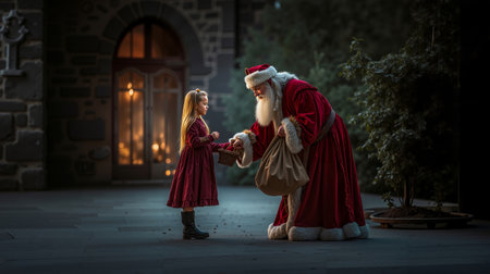A young girl is handing a basket to a man dressed as Santa Clausの素材