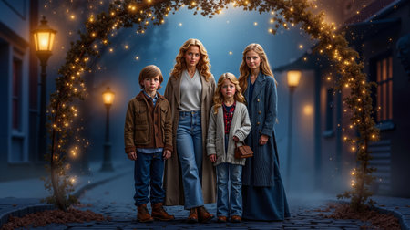 A family of four including a woman and three children standing under a decorated archway at nightの素材