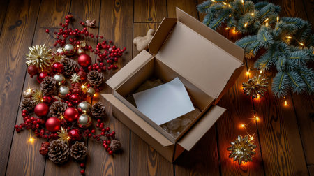 A cardboard box with a white piece of paper inside surrounded by Christmas decorations on a wooden floorの素材