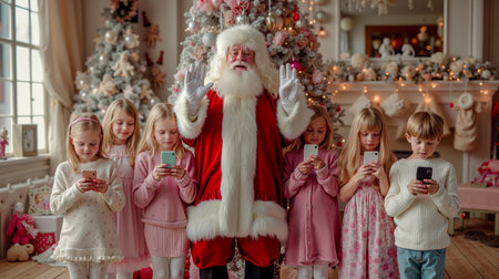 A group of children and Santa Claus are gathered around a Christmas tree each holding a smartphoneの素材
