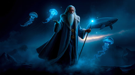 A wizard with a long beard and a blue robe holding a staff stands in front of a night sky filled with jellyfish and a sharkの素材