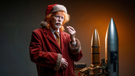 A man in a red coat and a Santa hat is smoking a pipe while standing next to three missilesの素材