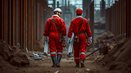 Two construction workers in red suits walking through a tunnel of metal beamsの素材