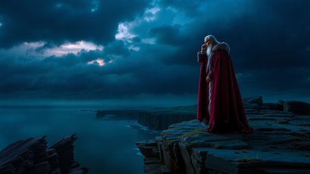 A man in a red robe and white beard stands on a rocky cliff overlooking a stormy oceanの素材