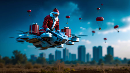 A man dressed as Santa Claus is piloting a helicopter-like vehicle with multiple red and white presents attached to it flying over a cityscape at nightの素材