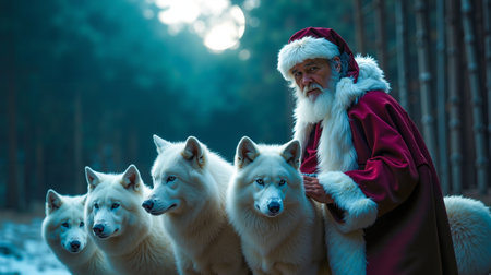 A man dressed as Santa Claus is standing in front of a group of white wolvesの素材