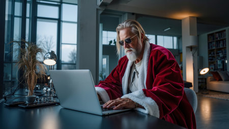 A man in a red robe and sunglasses is sitting at a desk using a laptopの素材
