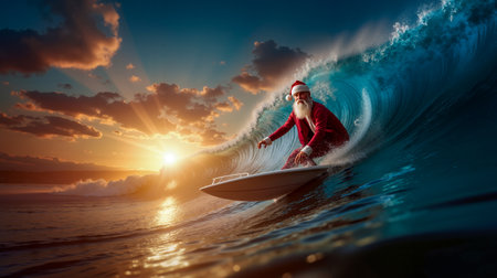 A man in a Santa Claus suit is surfing a wave at sunsetの素材